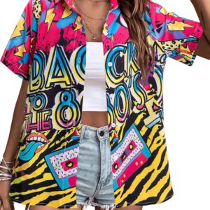 80s 90s Outfits for Women Retro Theme Party Disco Shirt 80s Hawaiian Shirt Neon Button Down Short Sleeve Blouse Tops