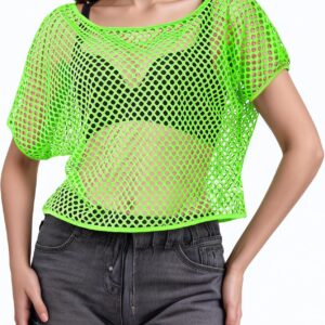 80s Neon Shirts for Women, Fishnet Top, Casual Neon Clothes, Off-Shoulder T-Shirt, Suitable for Masquerade Disco Party
