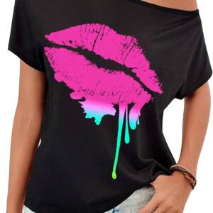 80s Outfit for Women Party Costumes Size for Women Clothes Novelty Neon 80s Off Shoulder T-Shirt Tops,Off Shoulder Tops Women