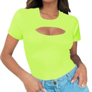 Afibi Womens Cutout Front Tops Short Sleeves Ribbed Sexy Fitted T-Shirts