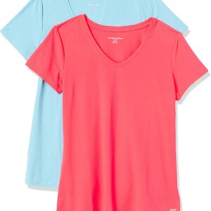 Amazon Essentials Women's Active Quick Dry Tech Stretch Short-Sleeve V-Neck T-Shirt (Available in Plus Size), Pack of 2