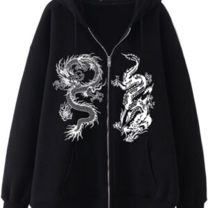 Aobiono Women Men Y2K Zip Up Oversized Hoodie Gothic Dragon Graphic Emo Grunge Alt Baggy Fleece Jacket 90s Punk Streetwear