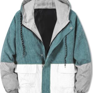 Betusline Men's Retro Long Sleeve Color Block Corduroy Jacket with Hood, XS-3XL
