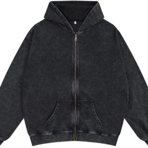 BINTEHGS Basic Oversized Vintage Zip Up Hoodie for Women Baggy Acid Wash Jacket Y2k Retro Grunge Zipper Sweatshirts Loose Fit