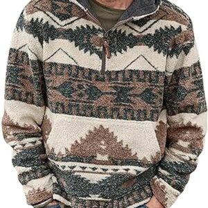 chouyatou Men's Tribal Aztec Printed 1\/4 Zip Fuzzy Sherpa Pullover Sweatshirt Hoodie