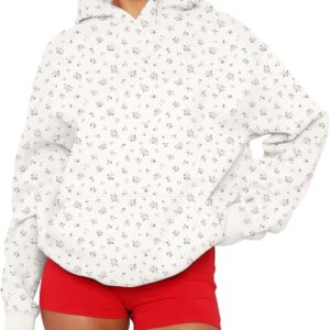 Cioatin Women Oversized Ditsy Floral Y2K Aesthetic Hoodies Lightweight Fleece Sweatshirt Drop Shoulder Pullover Fall Outfits