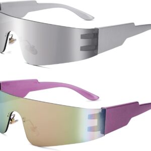 COASION Y2K Silver Futuristic Metallic Sunglasses Cyberpunk Concert Glasses for Women Men, Game 2077 Costume Eyewear
