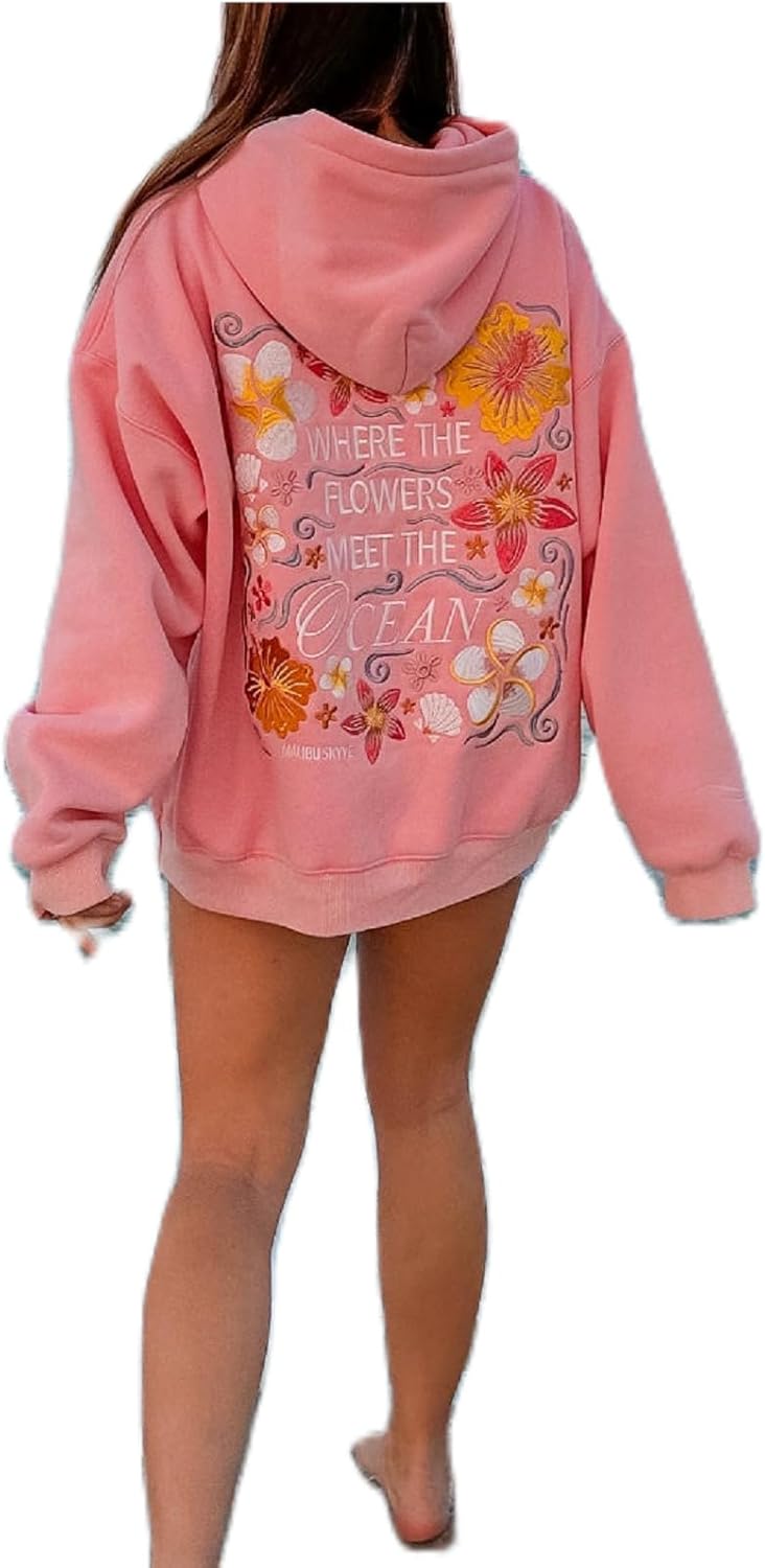 cochineal Preppy Embroidery Floral Hoodie for Teen Girl Women Oversized Hooded Sweatshirt Y2k Vintage Graphic Pullover Top - Image 33