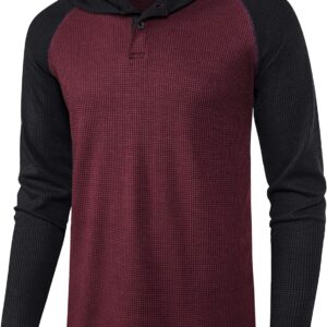 DELCARINO Men's Causal Pullover Hoodie Lightweight Solid Color Hooded Sweatshirt Tops Long Sleeve Waffle-Knit Henley Shirt