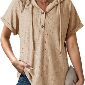 Dokotoo Sweatshirts for Women Spring Summer Hollow Out Hoodies Drawstring Button V Neck Short Sleeve Pullover Sweatshirt
