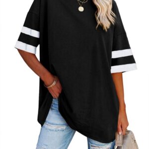 Fisoew Womens Oversized Tees Loose T Shirts Half Sleeve Crew Neck Color Block Cotton Tunic Tops
