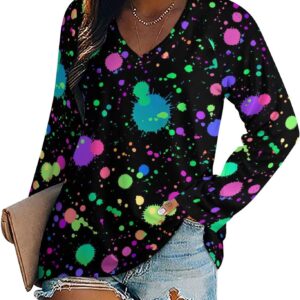 Glow in Dark Splatter Neon Long Sleeve Shirts for Women Fashion V Neck T-Shirt Women's Fall Tops