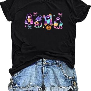 Halloween Ghost Neon Shirt for Women Cute Colorful Bow Ghost Spooky Season Short Sleeve Halloween Tees Tops