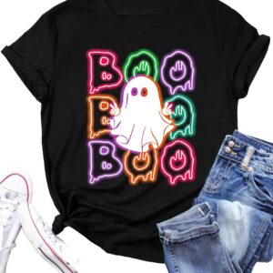 Halloween Shirts for Women Boo T Shirt Cute Ghost Graphic Tees Halloween Spooky Season Short Sleeve Tee Tops