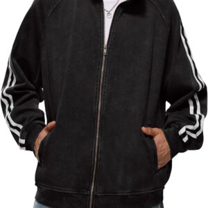 Iwing Mens Zip Up Jacket Fleece Unisex Acid Wash Jackets Double Striped Cotton Zipper Sweatshirt Casual Full Zip Coats