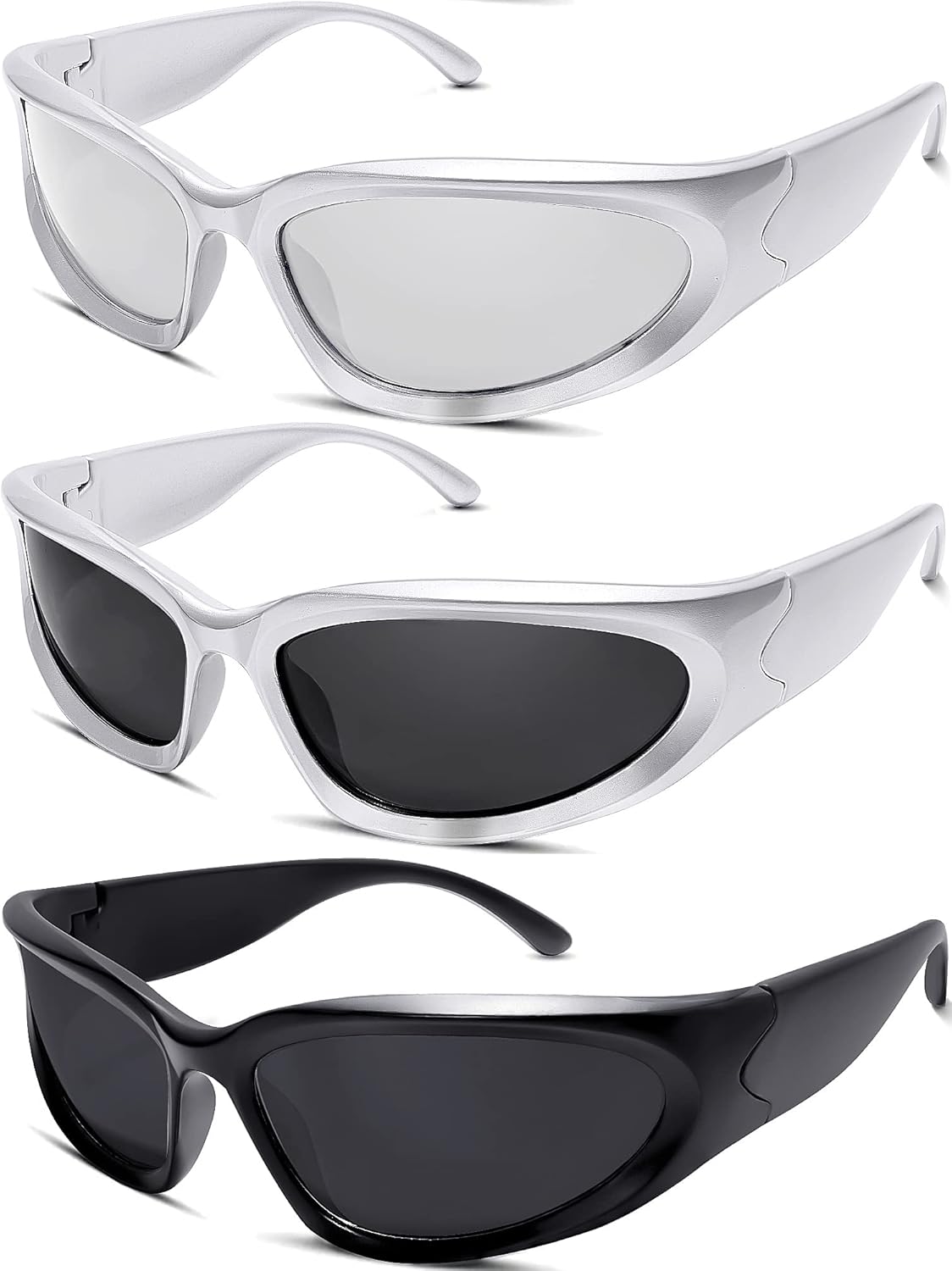 knliwkm 3 Pairs Oval Sporty Wrap Around Sunglasses Y2K Futuristic Glasses Shades for Women Men Trendy Fashion Silver - Image 8