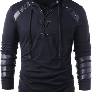 Loesoul Mens Gothic Steampunk Hoodie Shirt Medieval Victorian Retro Lace Up Pullover Long Sleeve Hooded Sweatshirt Tops