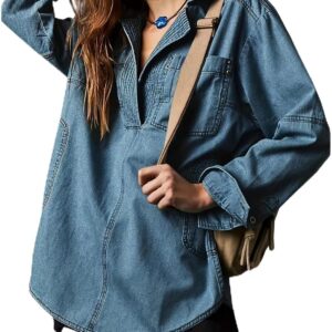 loveimgs Women Casual Long Sleeve Denim Pullover Top Jean Shirt Turndown V Neck Oversized Denim Shirt Hoodie Sweatshirt