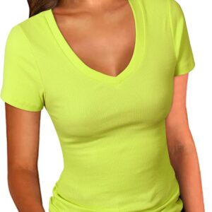 PALINDA Women's Short Sleeves Ribbed Fitted Shirt Basic V Neck Slim T Shirt Tops