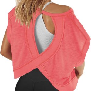 Panadila Womens Open Back Workout Top Oversized Workout T Shirts Backless Athletic Shirt Short Sleeve Baby Tee