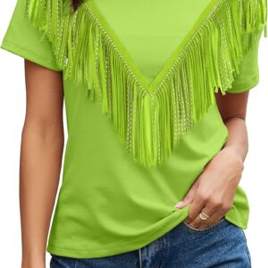 PESION Women's Fringe Trim Shirts Short Sleeve Tassel Trim Blouse T-Shirt Tops