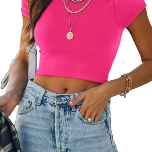 REORIA Butsmooth® Women's Basic Cute Short Sleeve High Neck Double Lined Tight T Shirts Crop Tops Tees