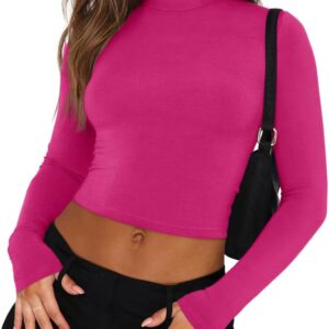 REORIA Women's Basic Cute Mock Turtleneck Long Sleeve Ribbed Tight Tshirts Crop Tops
