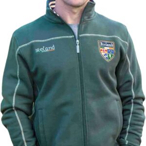 Retro Irish Men's Full Zip Sweat Embroidered Ireland, Knitted Collar & Cuff Stripes, Cotton Blen, Made in Ireland
