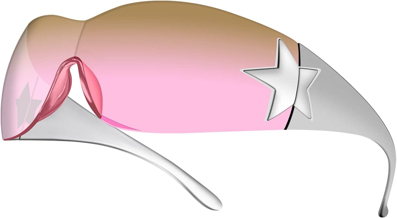 Rmerom Y2K Sunglasses for Women,Rimless Shield Wrap Around Sunglasses 2000S Trendy Oversized Fashion Y2K Glasses Shades