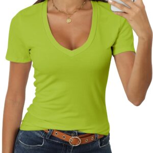Roselux Women Short Sleeve Deep V Neck Tops Shirts Fitted Cotton Summer Tshirt Tee