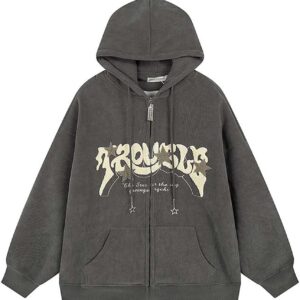 Sumleno Y2K Zip Up Hoodie Letter Print Star Graphic Grunge Hooded Corduroy Sweatshirt Jacket Oversized Retro Y2k Clothing