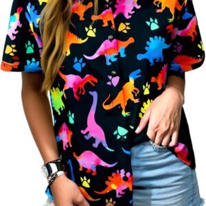 UNIQUEONE Dinosaur Shirt Women Cute Dinosaur Graphic Tees Hawaiian Dino Button up Tops