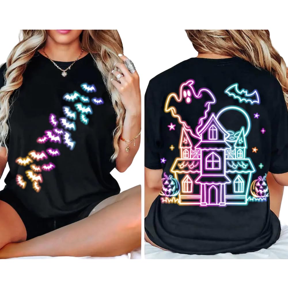 Vintage Haunted House & Bats T-Shirt, Retro Halloween Graphic Tee, Neon Bat Top, Retro Pumpkin Patch Shirt, Spooky Season Outfit