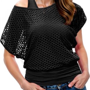 WILDPARTY Women Casual Sexy 80s Costumes Fishnet Neon Off Shoulder T-Shirt Two Pieces