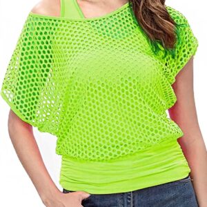 WILDPARTY Women's Casual Sexy Off Shoulder T-Shirt, 80s 90s Outfit 80's Costume Fishnet Neon Shirt Summer Short Sleeve