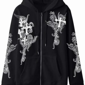 Women Men Y2K Zip Up Oversized Hoodie Gothic cross Graphic Emo Grunge Baggy Fleece Jacket 90s Punk Streetwear