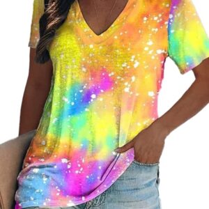 Women Tie Dye V-Neck Shirts Summer Vintage Tunic Tops Fashion Casual Swing Short Sleeve Shirts Blouse Soft Tee