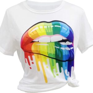 Womens 80s T-Shirt Print Casual Color Lips Graphic Tees Short Sleeve Summer Tops with Funny Graphic