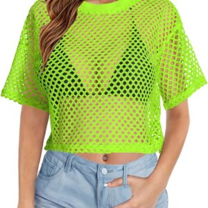 Women's Mesh Top Fishnet T Shirts Sheer Loose Short Sleeve See Through Crop Tops