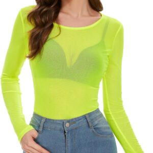 Women's Mesh Tops See Through Shirts Long Sleeve Bodycon Sheer Blouse Clubwear