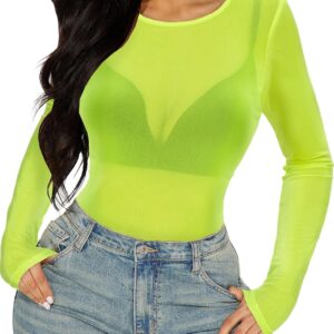 Women's Mesh Tops Sheer Long Sleeve Tee Shirts Bodycon See Through Blouse Clubwear