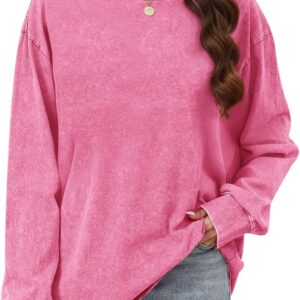 Wrenpies Oversized Long Sleeve Shirts for Women Acid Wash Tshirts Loose Fit Vintage Casual Basic Baggy Cozy Crewneck Tops