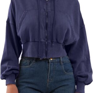 Xintianji Retro Vintage Crop Hoodie for Women - Lightweight Long Sleeve Zip Up Pullover Sweatshirts with Pockets