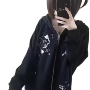 Xojbzoo Women's Y2K Zip-Up Hoodie Oversized Streetwear Cat Ear Cute Cartoon Graphic Harajuku Kawaii Sweatshirt