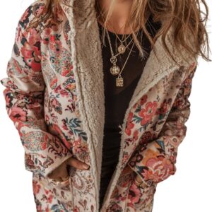 YIGAMA Women's Winter Plush Hooded Jacket Retro Floral Prints Fleece Lined Open Front Coat with Big Pockets