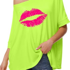 Yisfri Women's Off The Shoulder Tunics Blouses Neon Batwing Summer Print T Shirts