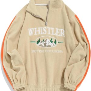 ZAFUL Men's Letter Mountain Vintage Pullover Embroidery Polar Fleece Quarter Zip Sweatshirt (WHISTLER-Light Coffee, M)