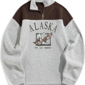 ZAFUL Men's Letters Embroidered Raglan Sleeve Quarter Zip Fleece Vintage Pullover Sweatshirt