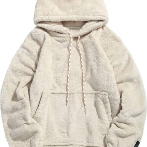 ZEZCLO Men's Solid Fluffy Sherpa Hoodie Oversized Hooded Pullover Winter Fuzzy Sweatshirt Outwear with Kangaroo Pocket