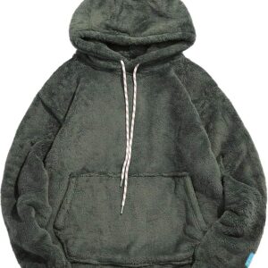 ZEZCLO Men's Solid Fluffy Sherpa Hoodie Oversized Hooded Pullover Winter Fuzzy Sweatshirt Outwear with Kangaroo Pocket